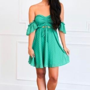 Green open shoulder dress